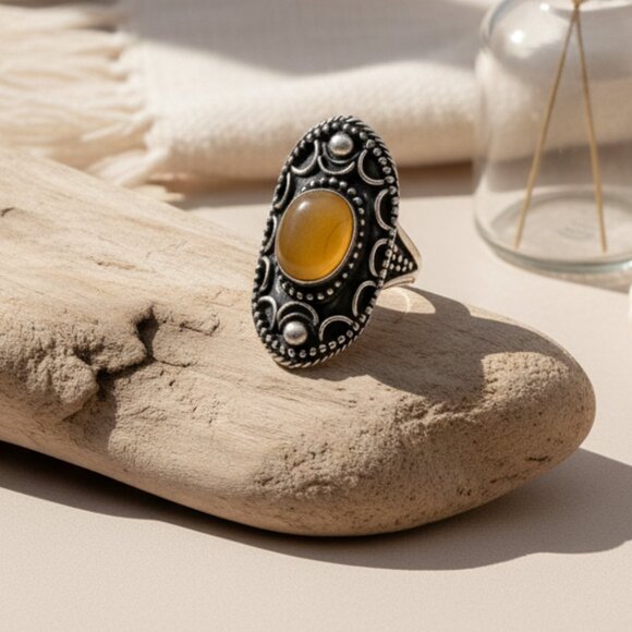 🆕️ Boho Vintage Statement Ring | Yellow Onyx Gemstone | Adjustable Size 8-10 - Picture 9 of 14